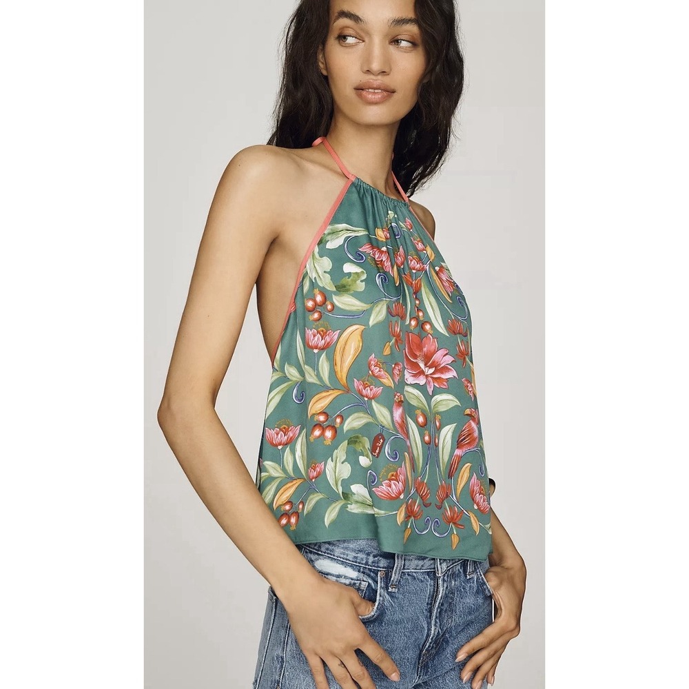Farm Rio x Anthropologie Halter Top Green Floral Tropical Size Medium NEW